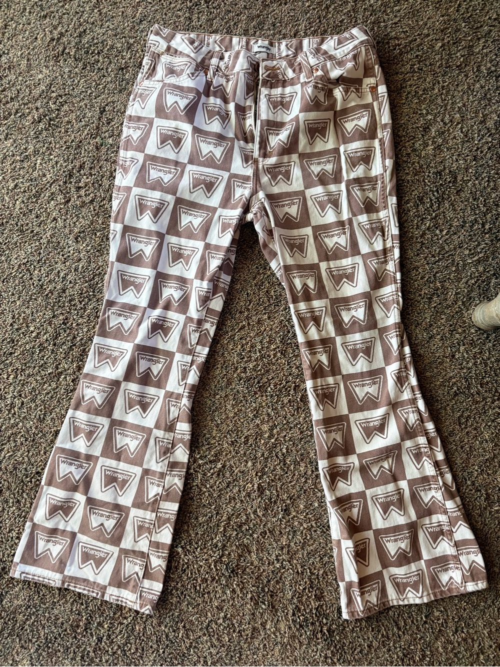 Wrangler Cream and Brown Logo Print Jeans